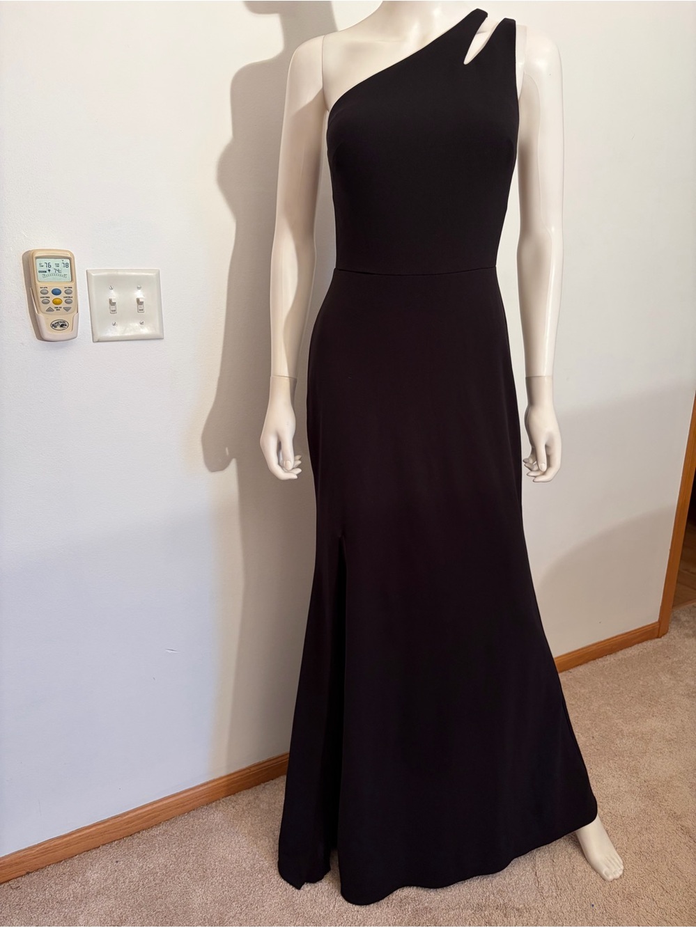 #938 One-Shoulder Black Evening Gown with Asymmetric Strap Detail